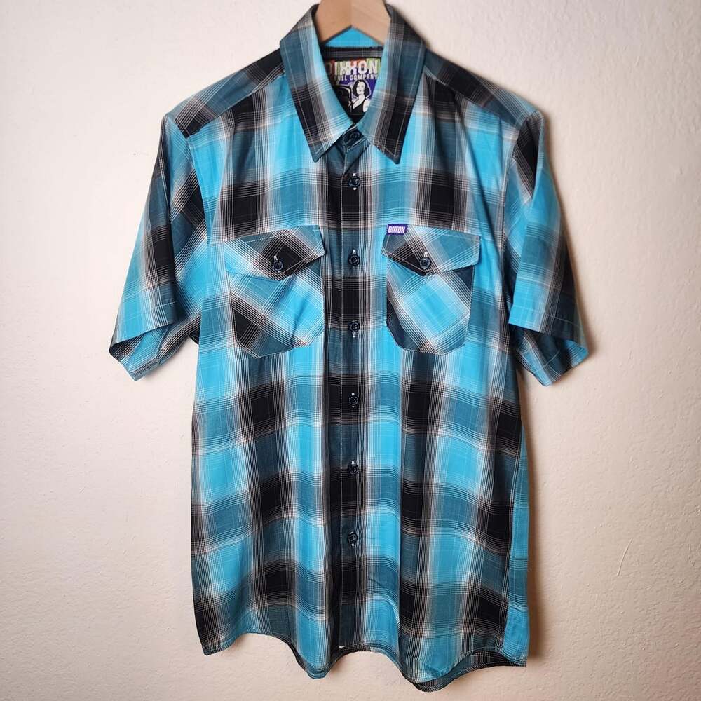 Dixxon Maui Shirt Mens Medium Blue Plaid Bamboo Short Sleeve Button Up Casual